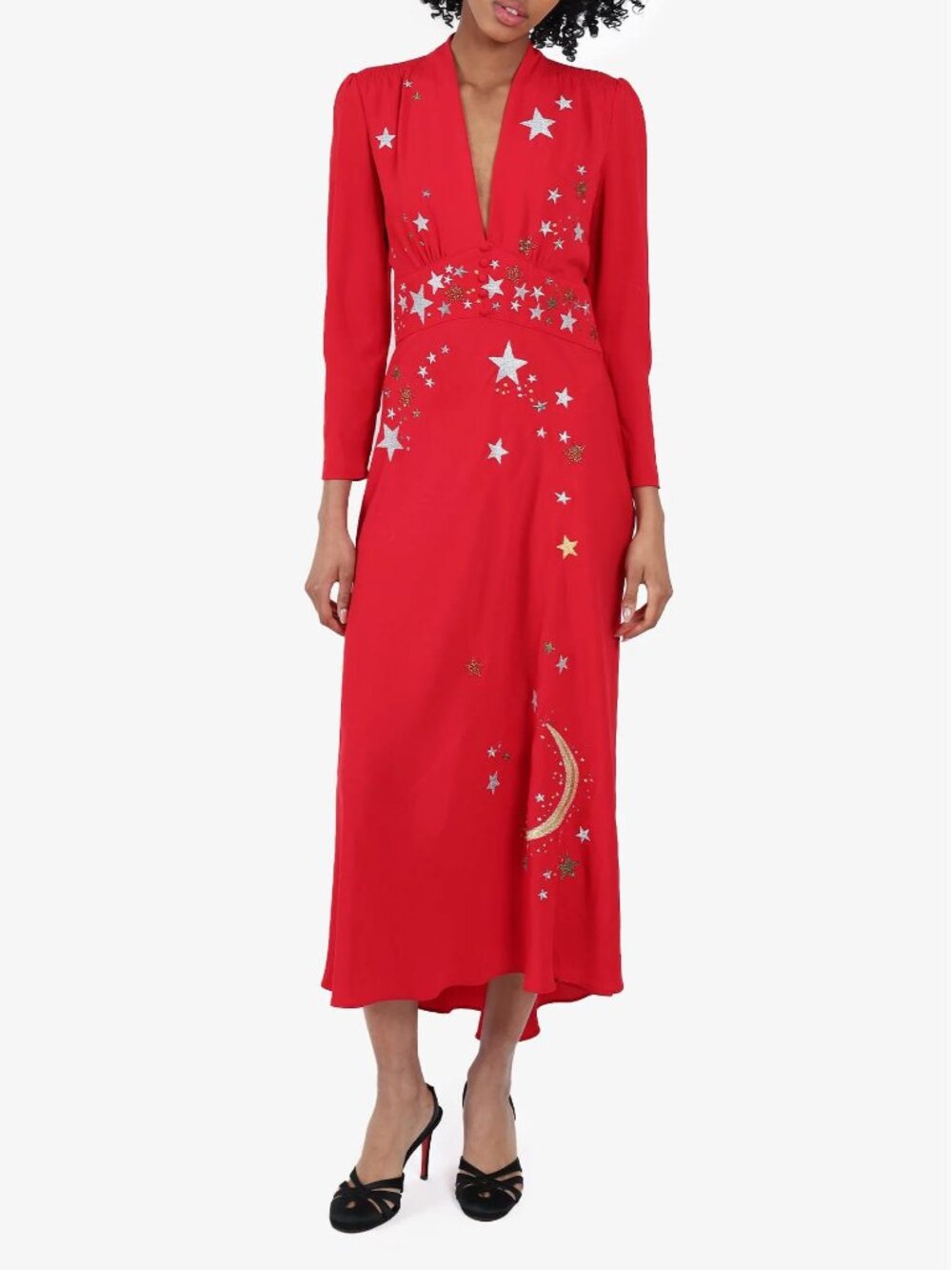 RIXO London Margo red embroidered celestial midi dress retro 40s glamour stars M